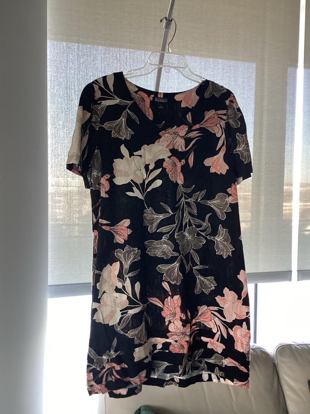 Floral Short-Sleeve V-Neck Dress - Black with Pink & Cream Floral Nicole Miller